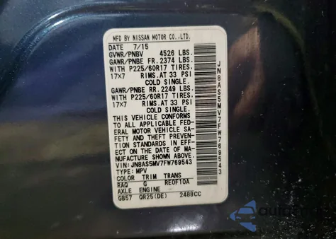 2015 Nissan Rogue Select S из США, поврежденный, VIN JN8AS5MV7FW769543